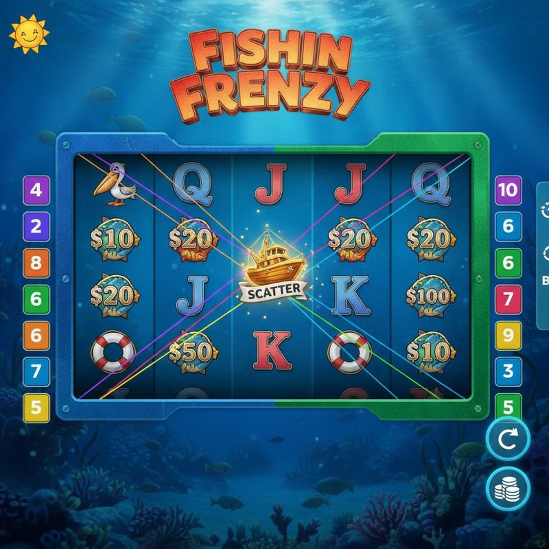 Fishin' Frenzy gameplay screenshot with scatter boat symbol landing and active paylines highlighted
