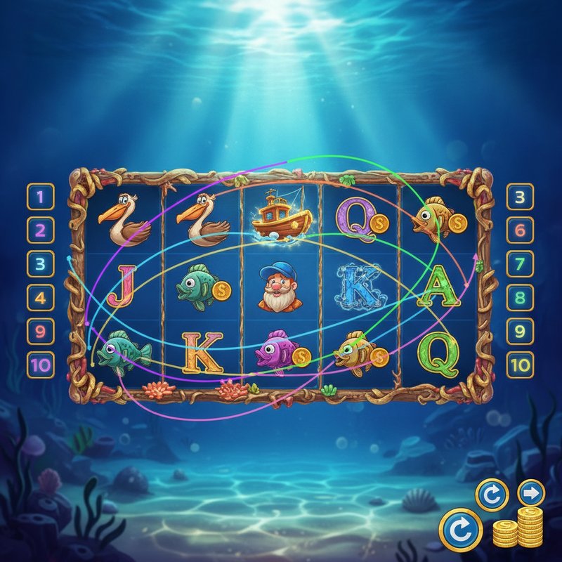 Fishin' Frenzy slot main screen showing the underwater ocean background with five reels and colourful paylines