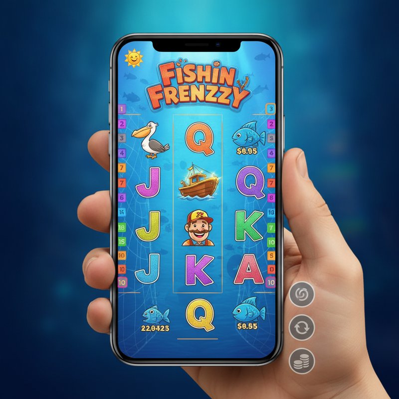 Fishin' Frenzy slot running on a mobile device showing the five-by-three reel grid