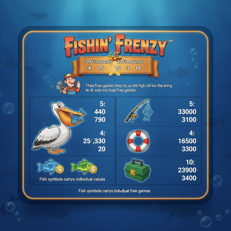 Fishin' Frenzy paytable showing pelican, fishing rod, life preserver and tackle box symbol payouts